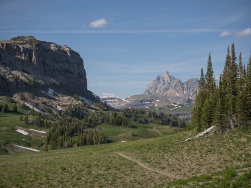 A view towards Death Canyon Shelf, and an imposing grand teton in the background