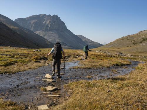 Two friends crossing a creek