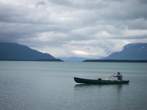 naknek lake with kayaker in the foreground