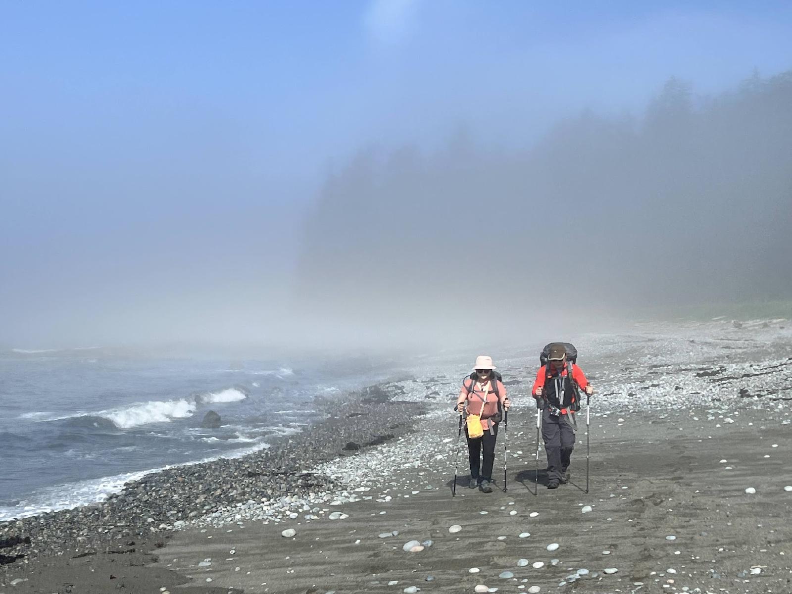 Two hikers on the beach