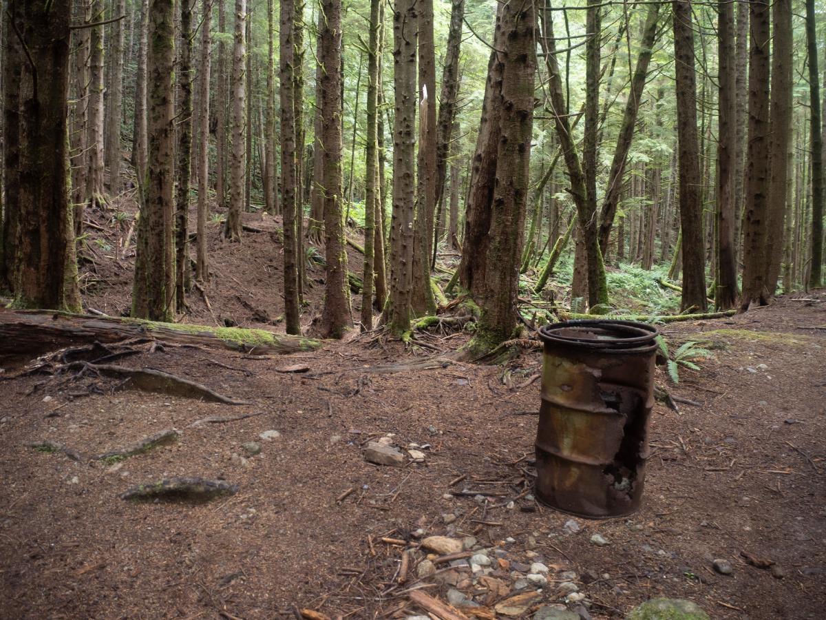 The unceremonial barrel marking the highest point on the trail - this was a popular campsite once upon a time before the trees grew to cover the views