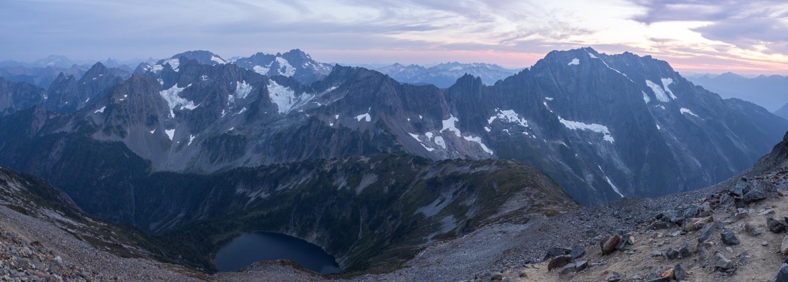 Panorama of jagged peaks from camp